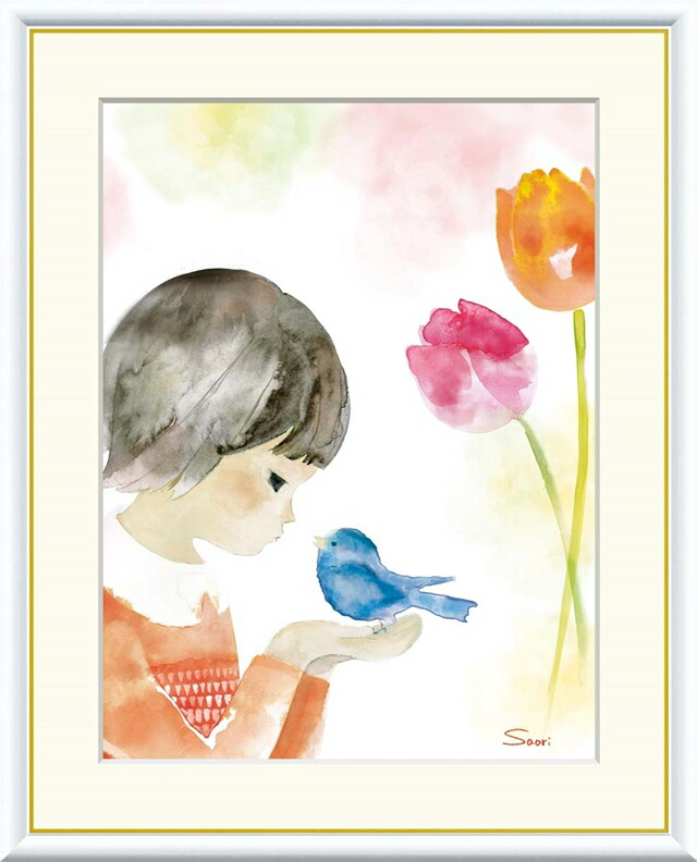 絵画 高精細デジタル版画 額装絵画 現代アートシリーズ Saori 彩りの世界 榎本 早織 (えのもと さおり) 「 青い鳥とチューリップ 」 サイズ F4 F6 F8号