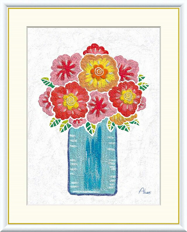 絵画 高精細デジタル版画 額装絵画 現代アートシリーズ Akari Pleasant Plants -愉快な植物たち- 春田 あかり (はるた あかり) 「 赤い花の花瓶 」 サイズ F4 F6 F8号