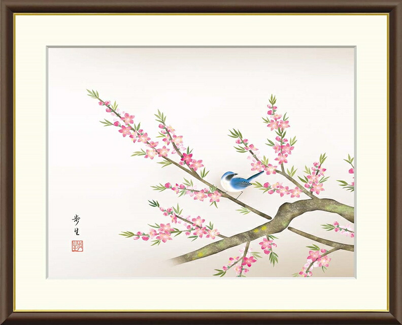絵画 高精細デジタル版画 額装絵画 現代日本画シリーズ 花鳥画 春飾り 「 桃花に小鳥 」 サイズ F4 F6 F8号｜絵画 掛軸 額縁屋 ＴＯＵＯ