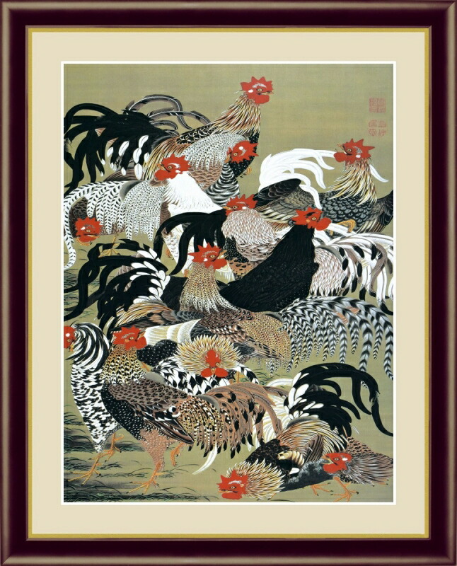 楽天市場】伊藤若冲「群鶏図」 複製画 額入り 色紙額 特殊工芸画
