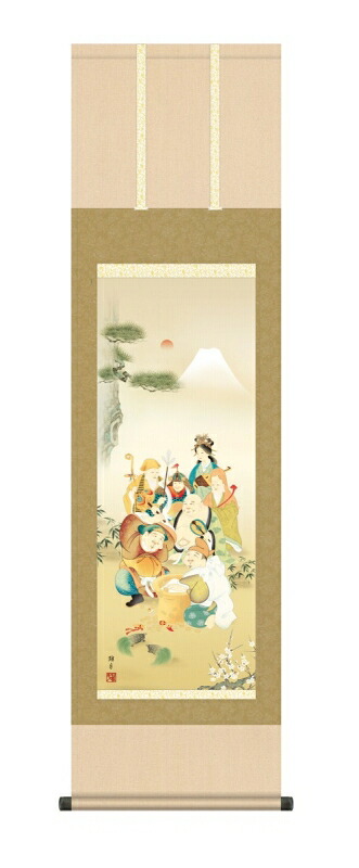 日本の掛け軸全種掲載 掛け軸 高精細巧芸画 純国産日本の掛け軸全種掲載 掛け軸 縁起画 鵜飼 雄平 「七福神」 尺三 オニックス風鎮 防虫香サービス