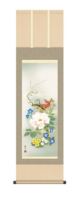 日本の掛け軸全種掲載 掛け軸 高精細巧芸画 純国産日本の掛け軸全種掲載 掛け軸 花鳥画 山村 観峰 「四季花」 尺三 オニックス風鎮 防虫香サービス