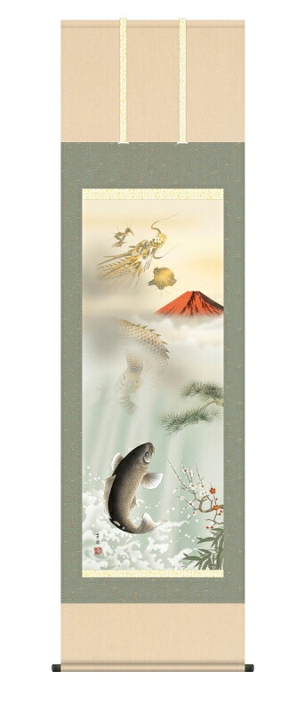日本の掛け軸全種掲載 掛け軸 高精細巧芸画 純国産日本の掛け軸全種掲載 掛け軸 開運画 石田芳園 「紅峰登龍門之図」 尺三 オニックス風鎮 防虫香サービス