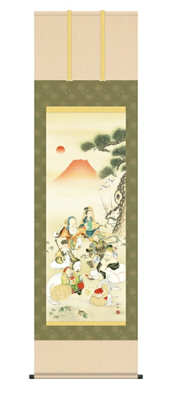 日本の掛け軸全種掲載 掛け軸 高精細巧芸画 純国産日本の掛け軸全種掲載 掛け軸 開運画 長江桂舟 「七福神吉祥之図」 尺三 オニックス風鎮 防虫香サービス
