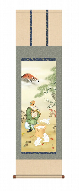 日本の掛け軸全種掲載 掛け軸 高精細巧芸画 純国産日本の掛け軸全種掲載 掛け軸 吉祥干支開運画 鵜飼雄平 「大黒招福兎之図」 尺三 オニックス風鎮 防虫香サービス