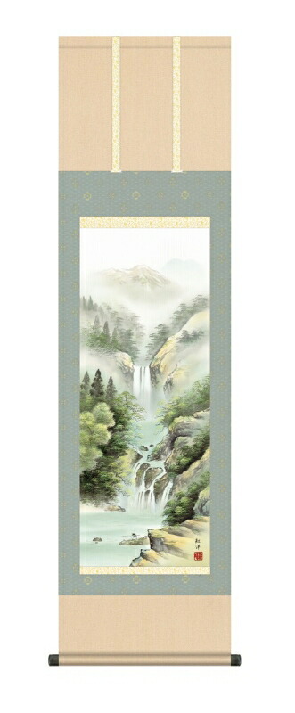 日本の掛け軸全種掲載 掛け軸 高精細巧芸画 純国産日本の掛け軸全種掲載 掛け軸 山水画 田口 紅洋 「秀麗冽瀑」 尺三 オニックス風鎮 防虫香サービス