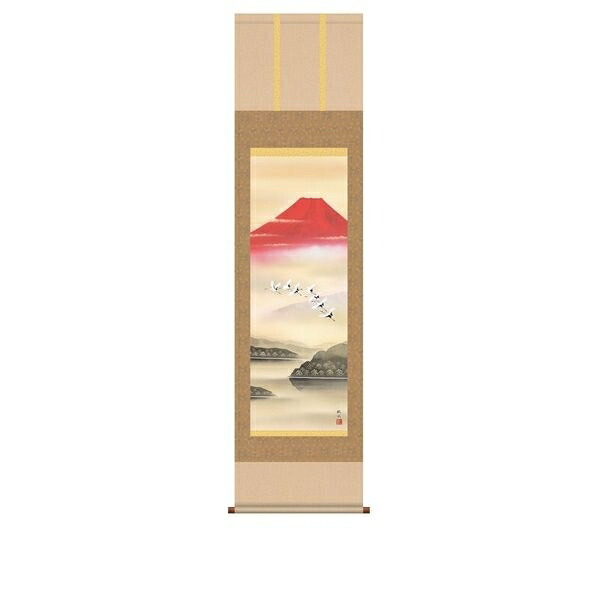 日本の掛け軸全種掲載 掛け軸 純国産日本の掛け軸全種掲載 掛け軸 床の間 山水画 「赤富士飛翔」 浮田秋水 尺三 化粧箱収納 オニックス風鎮 防虫香サービス