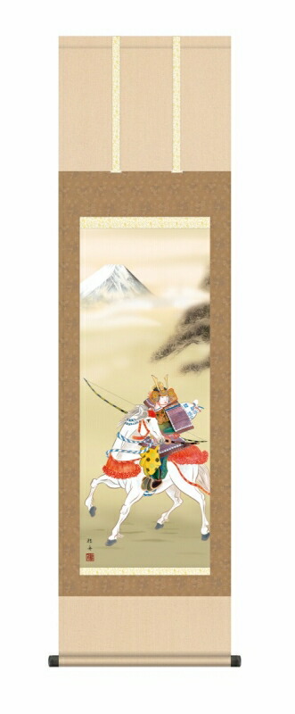 日本の掛け軸全種掲載 掛け軸 高精細巧芸画 純国産日本の掛け軸全種掲載 掛け軸 節句画 長江 桂舟 「白馬武者」 尺三 オニックス風鎮 防虫香サービス