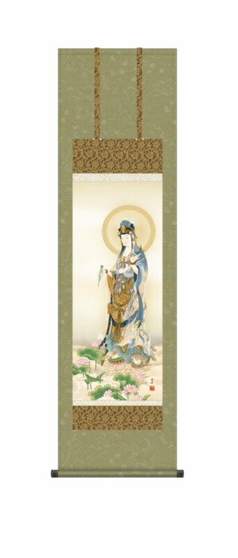 日本の掛け軸全種掲載 掛け軸 高精細巧芸画 純国産日本の掛け軸全種掲載 掛け軸 仏事画 高畠 周峰 「蓮上観音」 尺三 オニックス風鎮 防虫香サービス