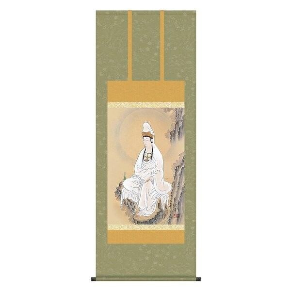 日本の掛け軸全種掲載 掛け軸 純国産日本の掛け軸全種掲載 掛け軸 床の間 仏事画 「岩上観音」 大森宗華 尺五あんどん 桐箱畳紙収納 オニックス風鎮 防虫香サービス
