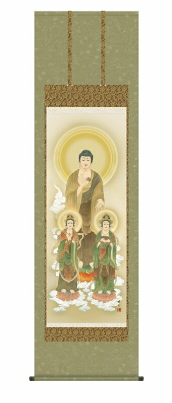 日本の掛け軸全種掲載 掛け軸 高精細巧芸画 純国産日本の掛け軸全種掲載 掛け軸 仏事画 高見 蘭石 「阿弥陀三尊佛」 尺五 オニックス風鎮 防虫香サービス|絵画 掛軸 額縁屋 TOUO
