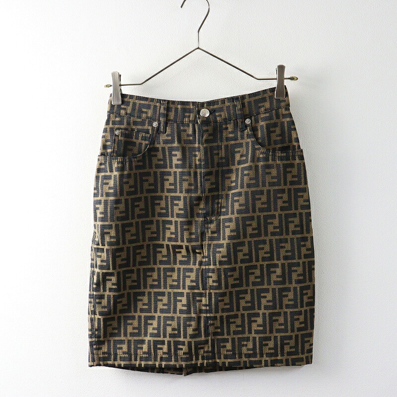 VINTAGE FENDI フェンディ ズッカ柄 ジャガードタイトスカート I42 ベージュ ブラウン//イタリア製 ロゴ ボトムス【2400014581386】【中古】