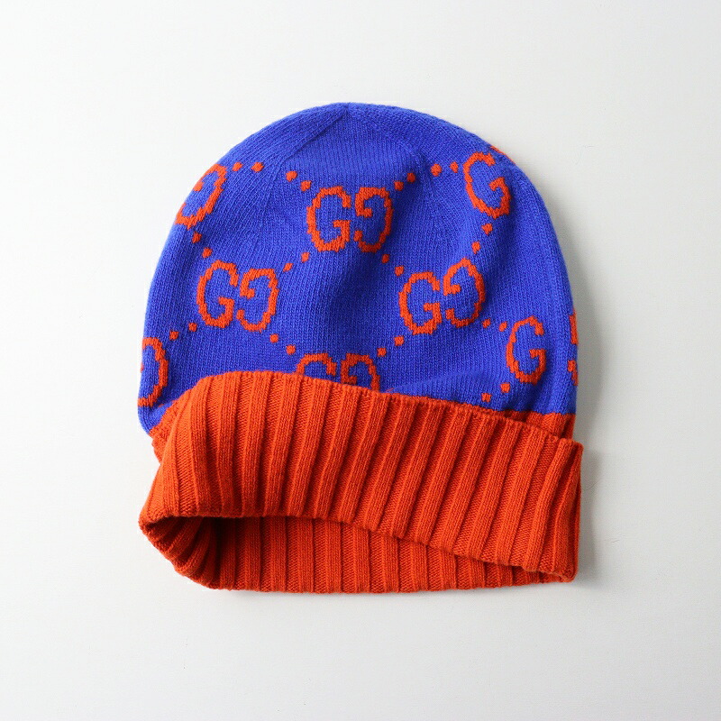 【継続期間制限事項通貨価値】美品 JP引き舟 グッチ GUCCI 676110 HAT MUCH GG柄 バイカラーロゴ 編み物旗がしら M オレンジ色×青色┃ビッグ影ぼうし【2400014670875】【中古】
