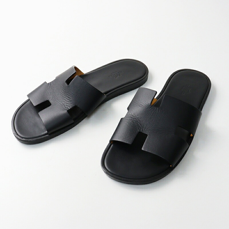 定番 メンズ エルメス HERMES イズミール Hモチーフ レザーサンダル ブラック┃男性用//【2400014670813】【中古】