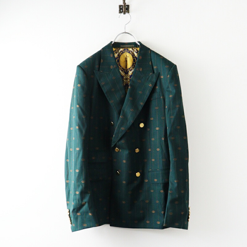 極美品 イタリア製 定52.8万 グッチ GUCCI GGロゴストライプ 裏地総柄 ダブルボタンテーラードジャケット 50/グリーン【2400014245363】【中古】