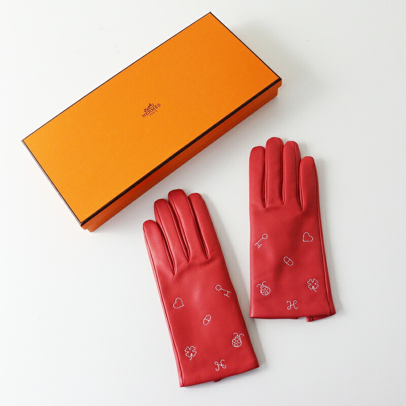 【継続期間押さえる通貨価値】未当て嵌める エルメス HERMES ラッキーチャーム刺しゅう ラムスキングローブ 7//赤いこと 羊革 なめし革 グローブ┃庫入れ箱付き添い人【2400014841510】【中古】