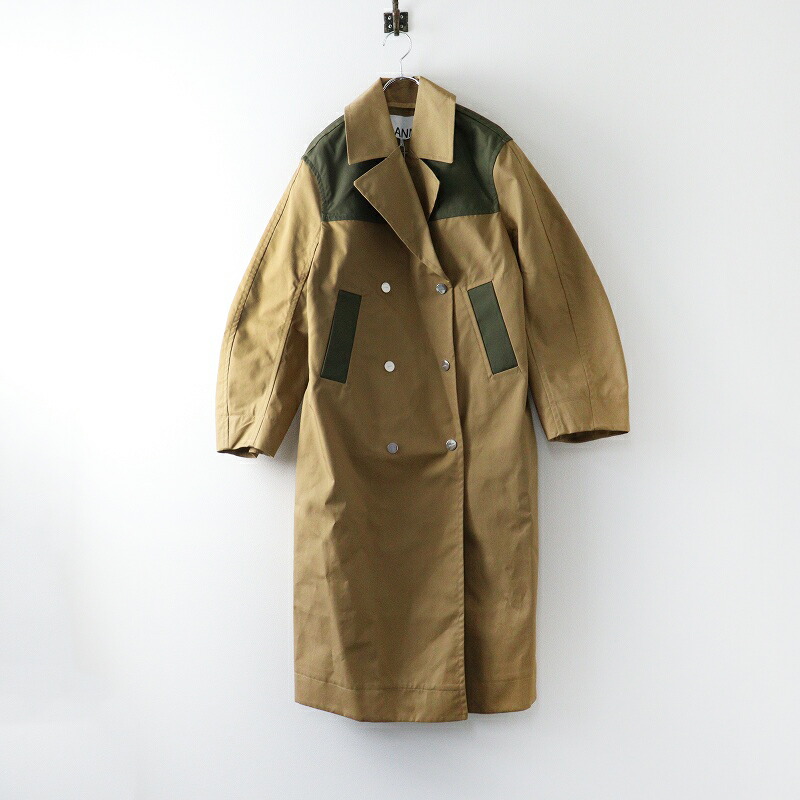 【継続期間制限事項通貨価値】未当てはめる 蔵入り品 GANNI ガニー DRY COATS 綿織物ポリ 素っ気ない トレンチコート XXS-XS ベージュ×カーキ┃【2400014898804】【中古】