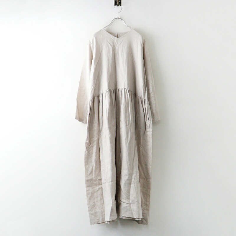 【継続期間押さえる必要経費】美品 さざなみ SAZANAMI ギャザーロングワンピース∥ともし火ベージュ 御召しもの 広々とした 長袖 V素っ首【2400014985344】【中古】