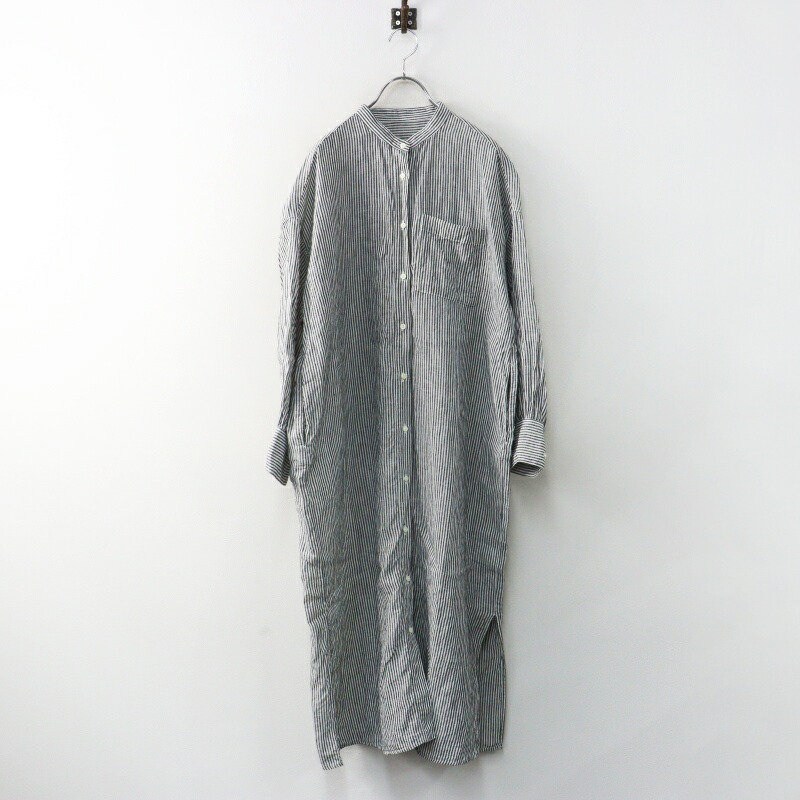 2025SS ネスト衣装 nest Robe リネンストライプシャツワンピース F 薄墨色×白いこと┃麻 ロングトップ トップス【2400014984910】【中古】