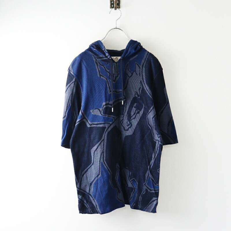 良品 メンズ 2021年 エルメス HERMES 天使の都市 DANSE DES CHEVAUX サマーニットパーカー M 米国海軍┃//馬柄 成人男性用【2400014924343】【中古】