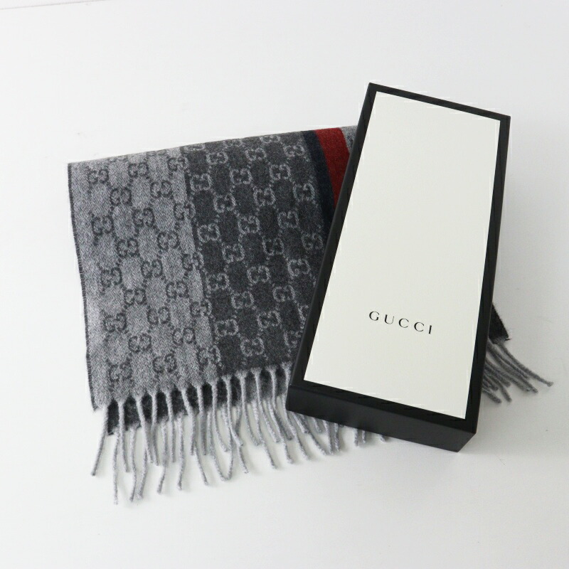 美品 箱付き添い人 グッチ GUCCI ウェビングライン GGお定まり カシミール羊毛 えり巻き 薄墨色 35×165糎┃イタリア製【2400014930443】【中古】