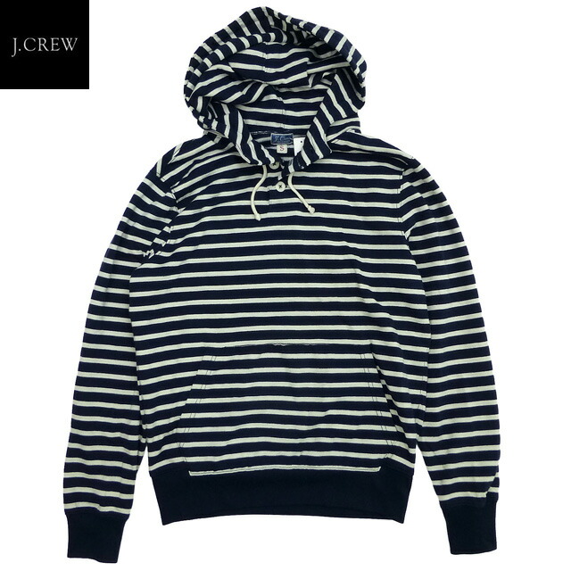 J.CREW フリースヘンリーネックフーディー 縞模様 紺/ジェイクルー 間借り人パーカー