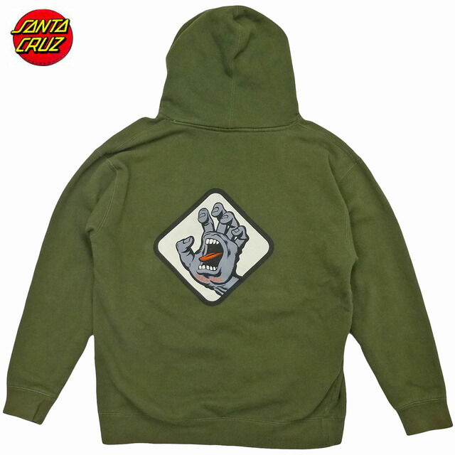 00's Used NHS Santa Cruz Badge Screaming Hand Hoody カーキ 00年代 サンタクルーズ スクリーミングハンド オールド sk8パーカー プルオーバーフーディ【古着 中古】
