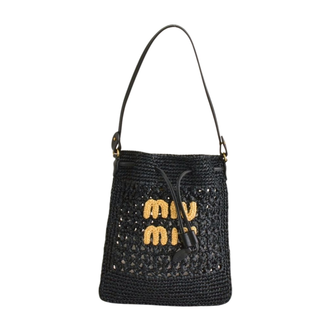 ミュウミュウ MIUMIU ウーブンファブリック ハンドバッグ ミニ ストロー レザー サマースモール ブラック レディース F-YA1267【中古:美品】【ブランド買取販売トリヴァンドラム】260411|TRIVANDRUM