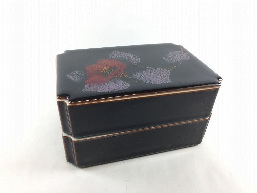 隅切長角二段重箱 天目椿紋 17cm 四郎窯【鉢/お重/御節/段重/蓋物/蓋もの】｜有田焼やきものギャラリー　つじ信
