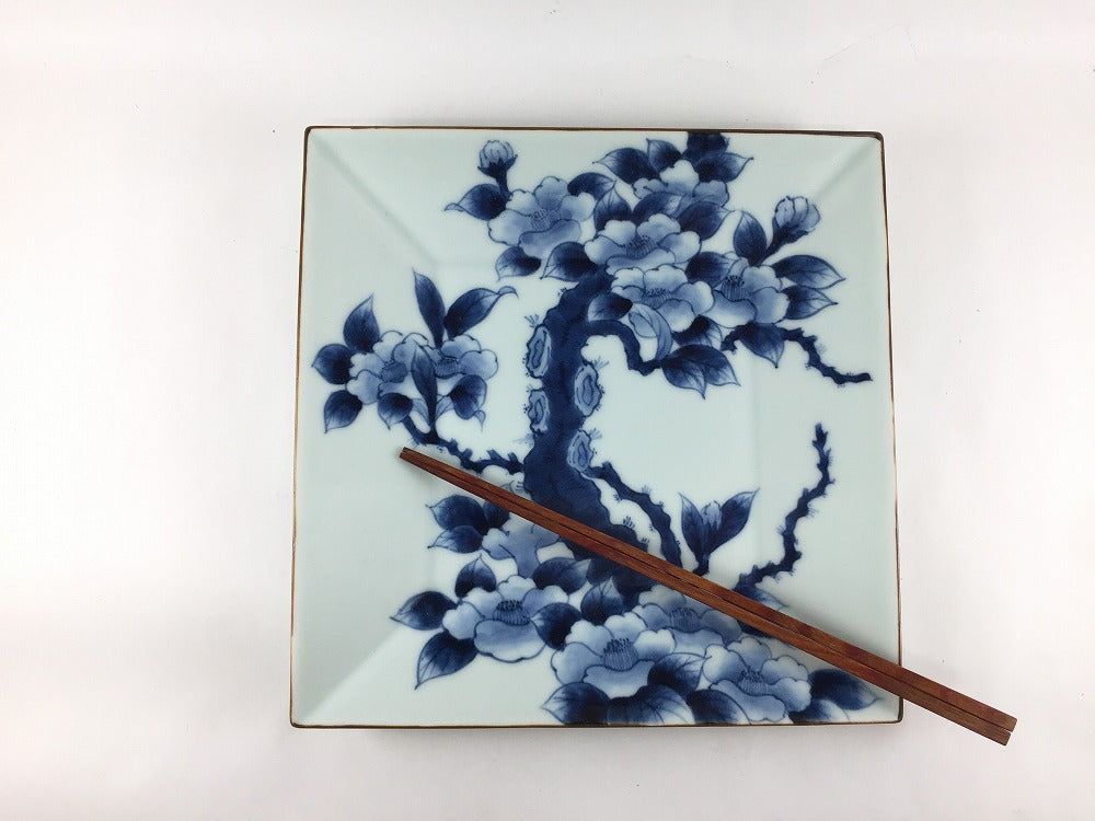 有田焼 宝泉窯 22cm正角皿 古染椿【21.5cm 22cm 角皿 中皿 プレート】