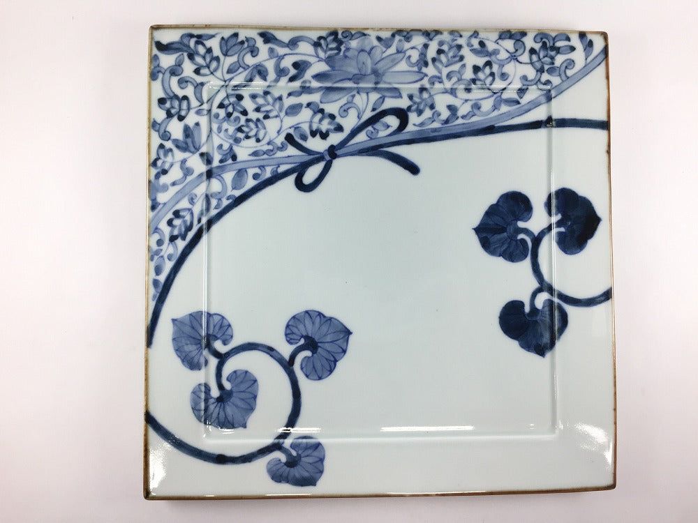 伊万里焼 瀬貞窯 28cm正角大皿.染付結び絵【28cm 大皿 角皿 飾り皿/盛込皿/台皿/トレイ おしゃれ】
