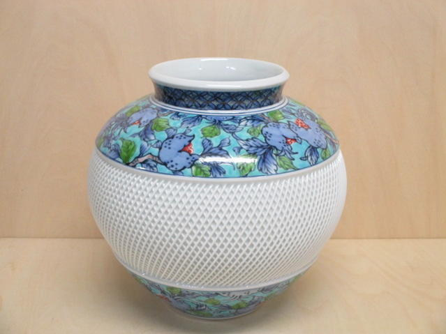 有田焼 福丈窯 25珊弥生花立て 染錦網目胴張ザクロ【芸術品】