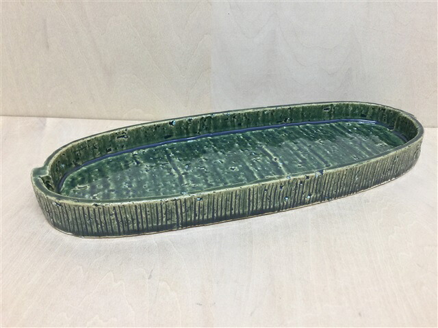 波佐見焼 利左衛門窯 トジ目小判皿.肥前織部線彫【長皿 大皿 29cm】