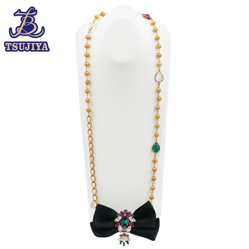 【美品 中古A】DOLCE&GABBANA ドルチェ＆ガッバーナ ブラックリボンネックレス ゴールドメッキ カラーストーン 【辻屋質店J2796】【質屋出品】