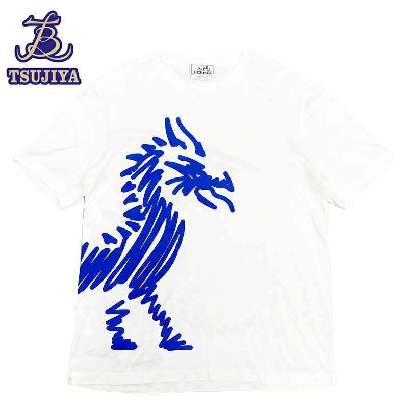 【中古AB】HERMES エルメス プリントTシャツ ドラゴン ホワイト×ブルー系 メンズ #M 【辻屋質店A3851】【質屋出品】