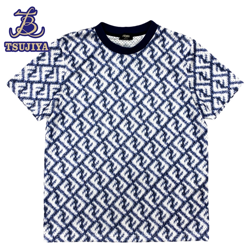 【中古AB】FENDI フェンディ テクニカルメッシュTシャツ 半袖 総柄 ネイビー×ホワイト系 メンズ #S 【辻屋質店A3839】【質屋出品】