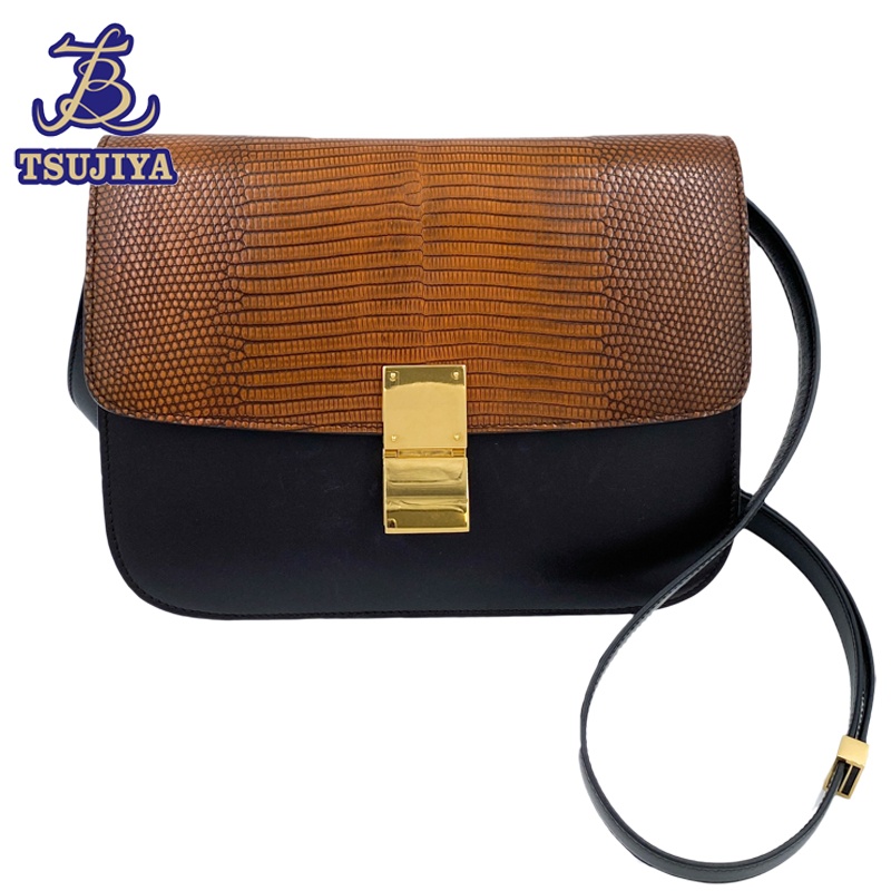 【中古AB】CELINE セリーヌ クラシックボックス ミディアム ショルダーバッグ レザー リザード型押し ブラウン【辻屋質店B3473】【質屋出品】**｜辻屋質店