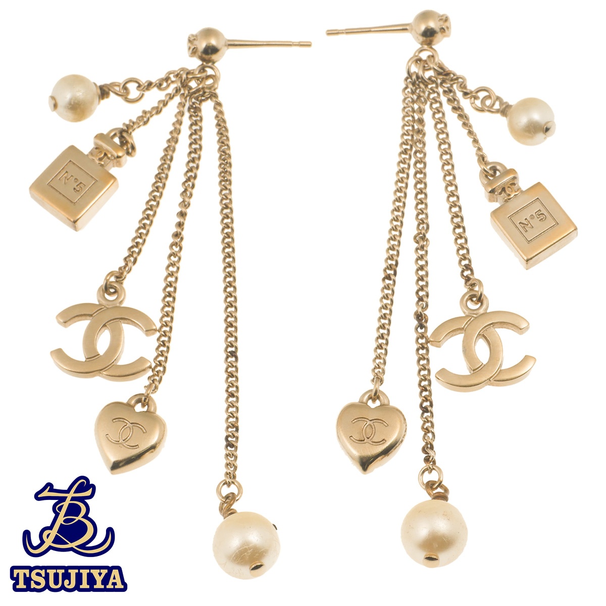 【中古AB】CHANEL シャネルフェイクパールアイコンチャームピアスゴールドメッキ 両耳用全長約72mm 15.9g(辻屋質店J2869)(質屋出品)｜辻屋質店