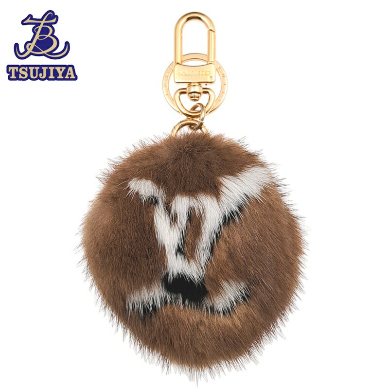 【美品 中古A】LouisVuitton ルイヴィトン ポルトクレ・LVヴィゾン M69563 チャーム キーリング ミンクファー モノグラムフラワー ロゴ ブラウン/アイボリー 【辻屋質店S1047】【質屋出品】