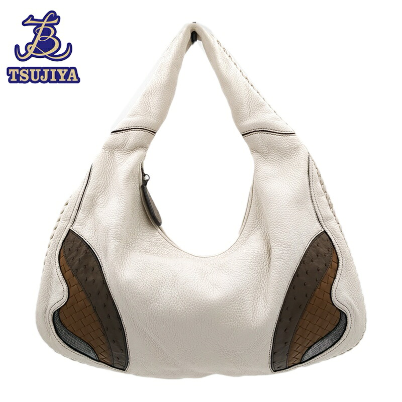 【中古AB】BottegaVeneta ボッテガヴェネタ イントレチャート 駝鳥 ホー洋弓 一ショルダーバッグ 象牙色/赤銅色【辻屋質店B3613】【一六銀行見せびらかす】