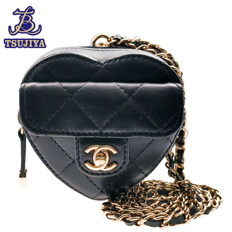 【中古AB】CHANEL シャネル ハートチェーンショルダーポーチ マトラッセ 子ヒツジ 黒いこと【辻屋質店B3645】【一六銀行見せびらかす】