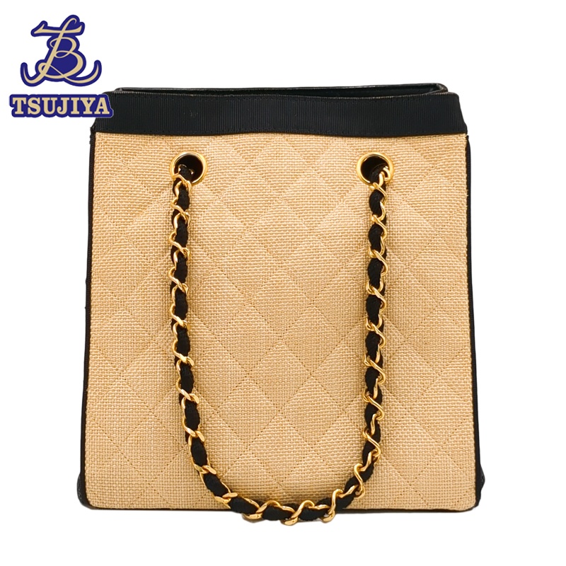 【中古B】CHANEL シャネル チェーントートバッグ 麦わら ベージュ/ブラックネイビー【辻屋質店B3625】【一六銀行見せびらかす】