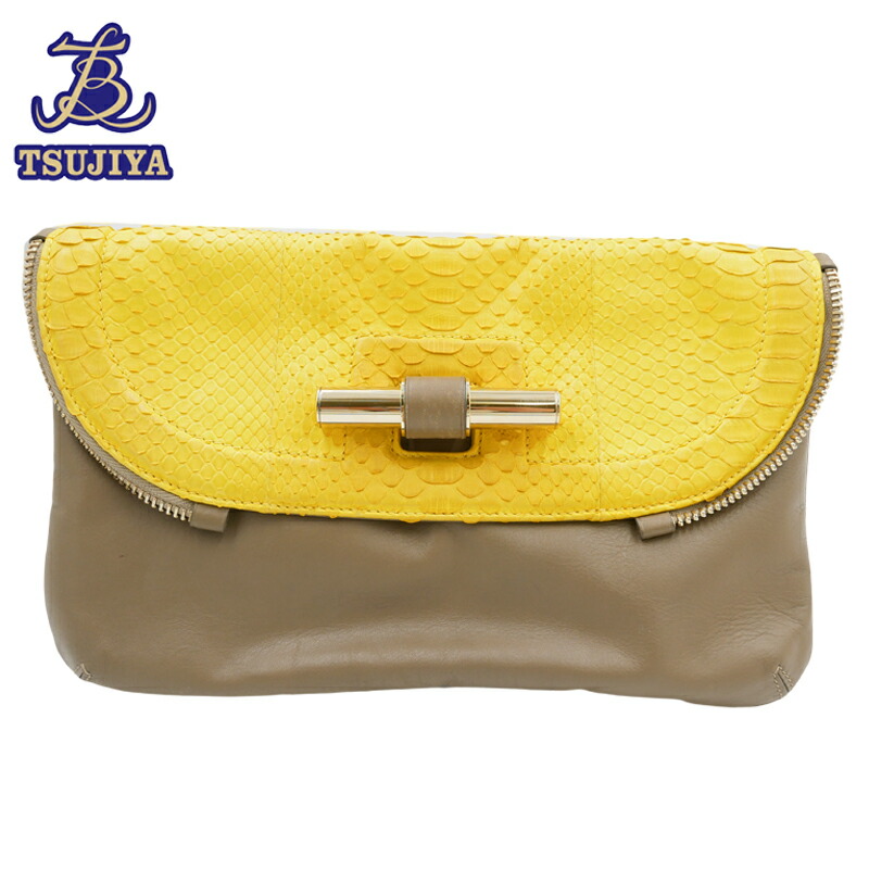 【中古B】 JIMMYCHOO ジミーチュウ クラッチバッグ パイソン イエロー/グレー (辻屋質店B3090)(質屋出品)**