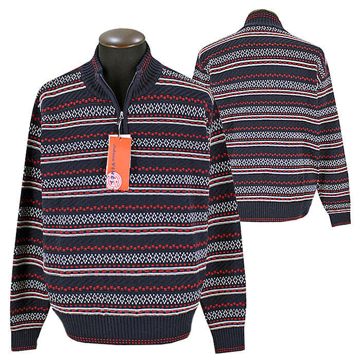 サルバトーレビンチ 22秋冬 ジップアップヘンリーネックセーター 紺 シニア ミドル カジュアル ウェア アパレル メンズ ゴルフ用 旅行用 普段着 秋服 冬服 ギフト 贈り物 お洒落着 ファッション 今年度新品 半額セール 未使用品