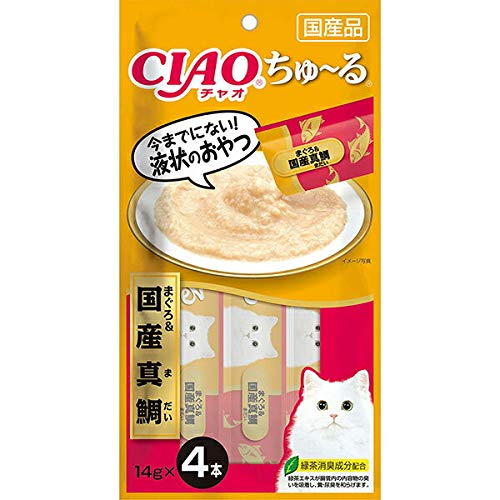 【24個セット】 いなば チャオ ちゅ る まぐろ＆国産真鯛 14g×4本 ペースト 国産品 おやつ SC-177 いなばペットフード チュール CIAO 緑茶消臭成分配合 SC177 猫用ふりかけ ちゃおちゅーる キャットフード いなば食品 下部尿路配慮 猫おやつ 安心素材