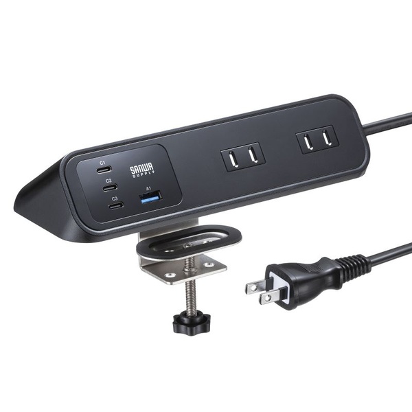 サンワサプライ TAP-B114UC-2BK クランプ固定式タップ TAP-B114UC-2W USB-C USB-A PD65W シャッター 二重構造 デスククランプ 絶縁キャップ付き 電源タップ 省スペース ノートPC スマホ 充電 トラッキング防止予防 ブラック ホワイト