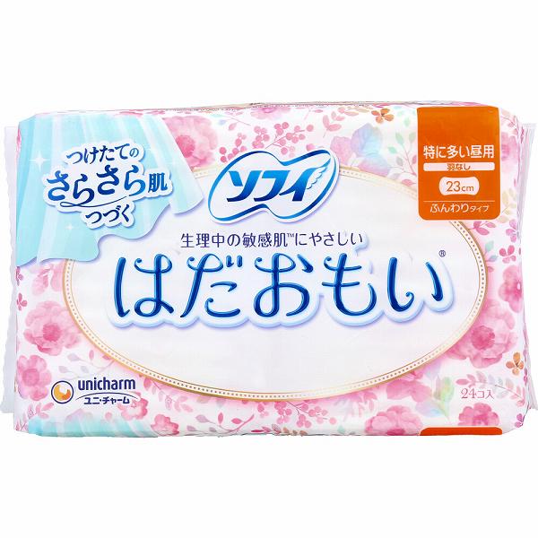 【18個セット】 ソフィ はだおもい ふんわりタイプ 特に多い日の昼用 羽なし 23cm 24個入 ダイエット ユニチャーム はだおもい羽なし 抽選 衛生日用品 メディカル ケース 備蓄 介護 健康 紙おむつ ナプキン 生理用品 衛生医療品 医薬品 コンタクト｜ウルマックス 店