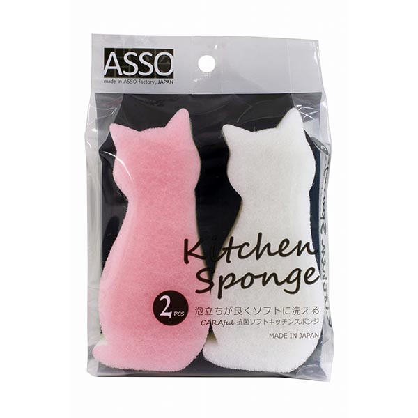 【50個セット】 ワイズ ASSO CARAful 抗菌ソフト キッチンスポンジ ねこ ２個組 AS-004 流し用品 スポンジ 食器洗い キッチン用品 台所用品 ピンク ホワイト ナイロン不織布 泡立ち 水切れ 食器 皿洗い キッチン｜ウルマックス 店