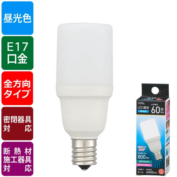 【10個セット】 オーム電機 LDT6D-G-E17IS5 LED電球 T形 (小形60形相当/昼光色/800 lm/6.1W/E17/全方向290°/密閉形器具対応/断熱材施工器具対応)|ウルマックス 店