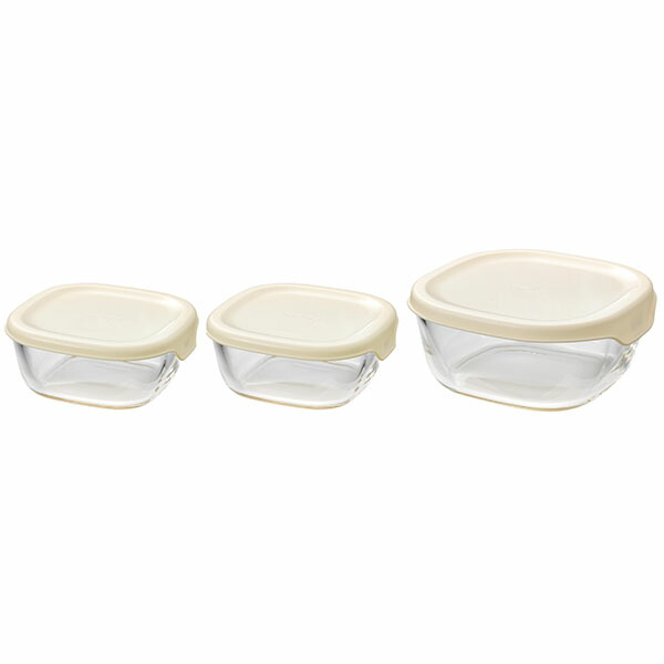 【10個セット】 ハリオ KST-2012-OW () 耐熱ガラス製保存容器3個セット 満水容量S/250ml、 M/600ml オフホワイト HARIO 容器 お礼 御祝 省スペース オーブン調理 食器 道具 入学内祝い プレゼント 角型 つくりおき 高品質|ウルマックス 店